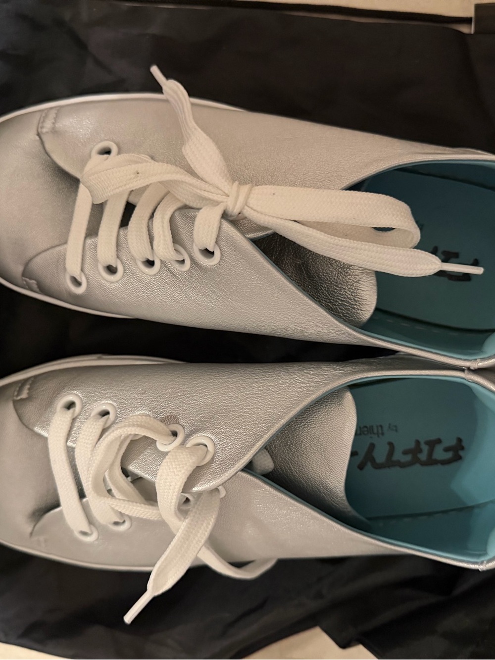 Thierry Rabotin Metallic Silver Lace-Up Sneakers with Teal Insole